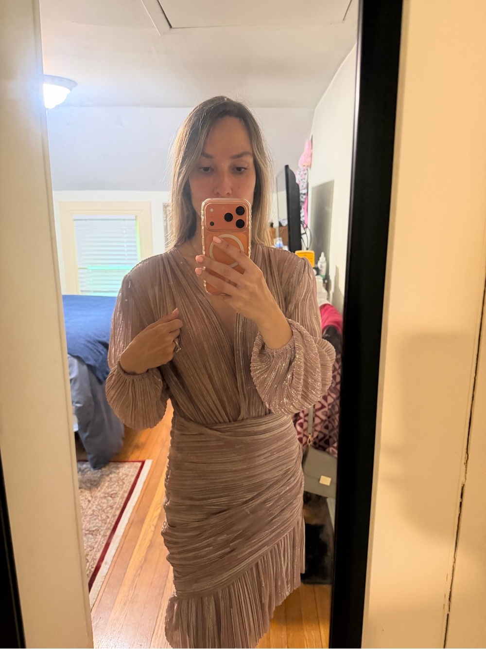 Maje Shimmery Blush-Peach Pleated Top